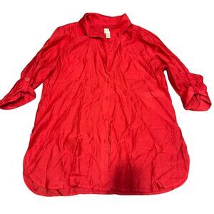 Chico's Women's Red Coral‎ Tunic Blouse 3/4 Sleeve Button-Up Size 2